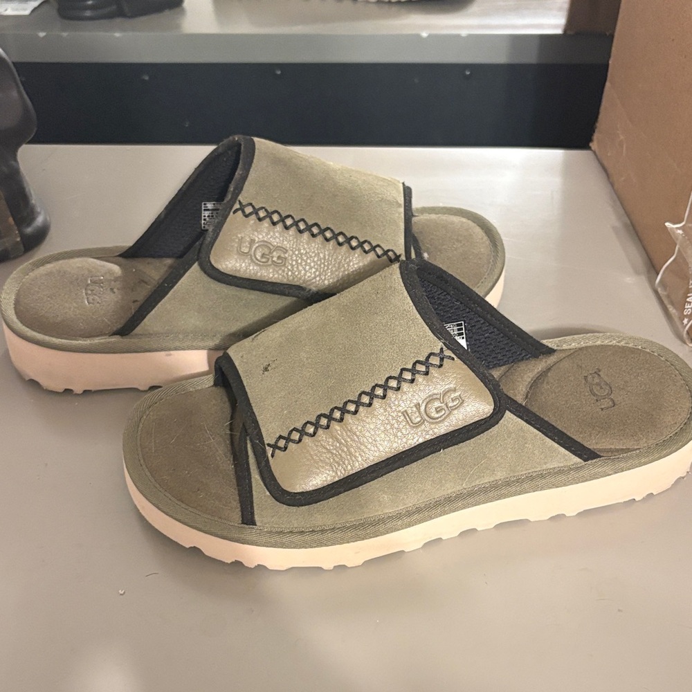 UGG Olive Slide Sandals with Black Trim